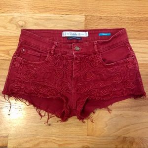 Zara Red Denim Shorts with Embroidered Rose Design